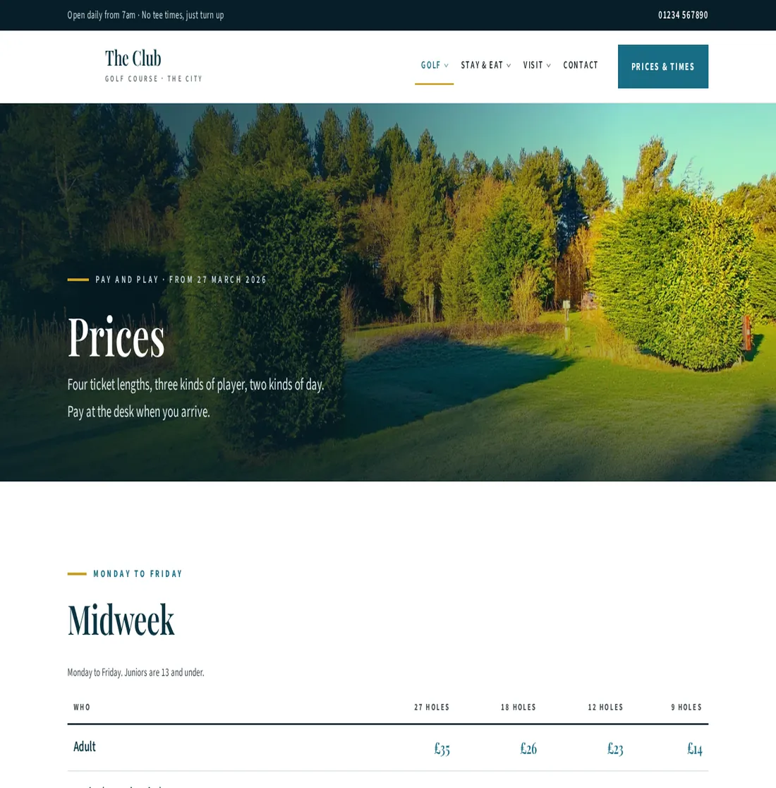Screenshot of a concept golf club website, club name removed